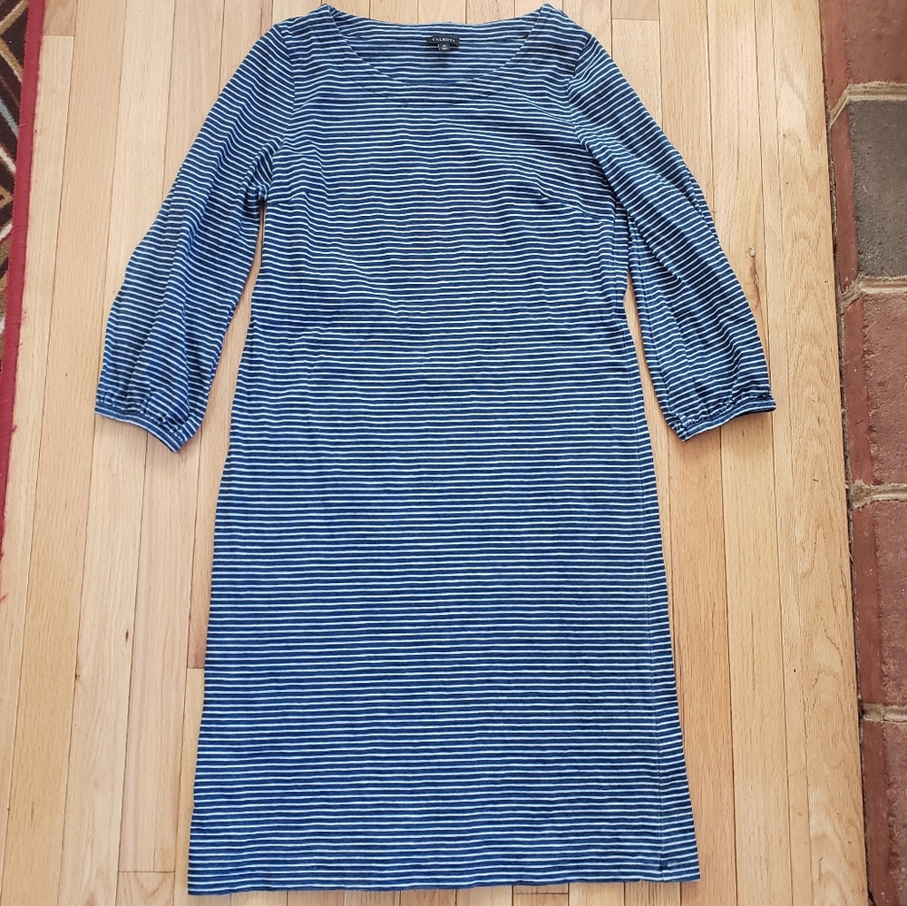 Talbots Shirt Dress M Striped Cotton Shift Coastal Blue Nautical Relaxed Casual